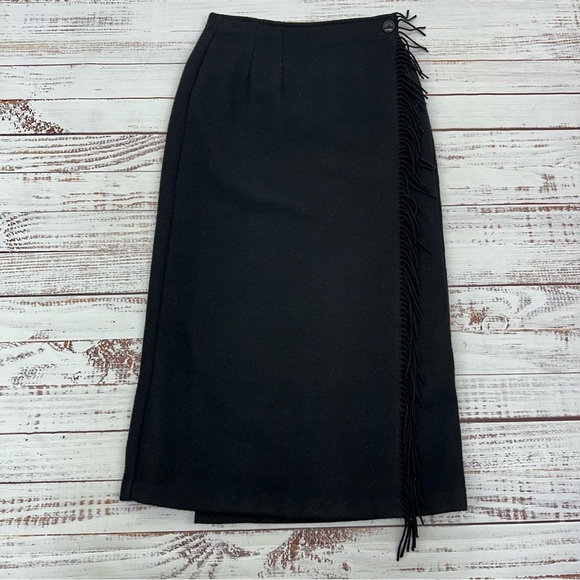 Vintage Woolrich Women’s size 8 Black 100% Wool Fringe Wrap Midi Lined Skirt - Picture 7 of 13